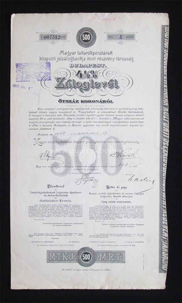 Magyar Takarékpénztárak Jelzálogbankja záloglevél 500 kor 1902